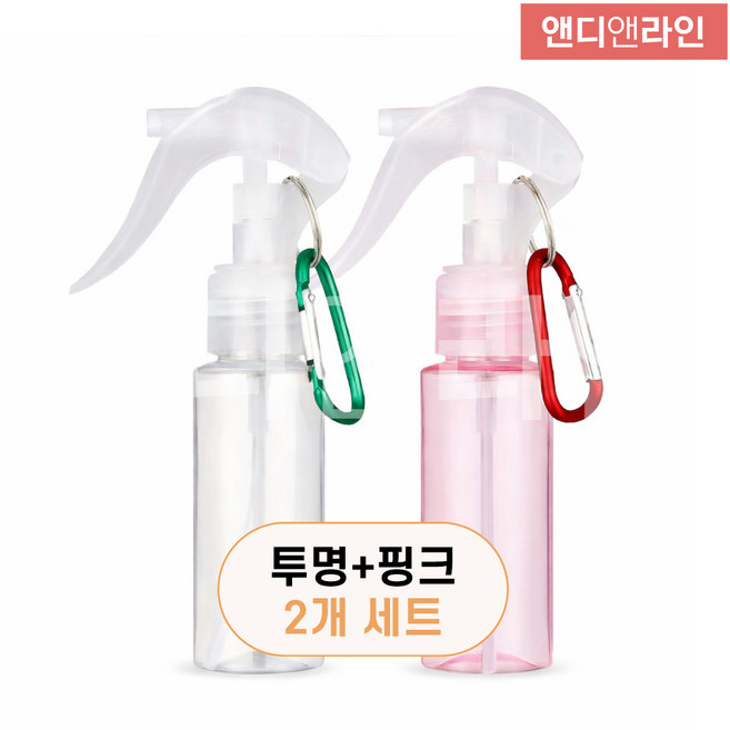 앤디앤라인 휴대용 미니 스프레이 분무기 공병 키링 고리 60ml 세트, 2개, 투명+핑크