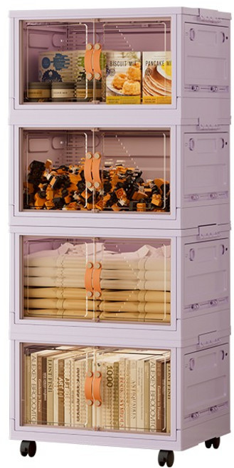 可折疊透明視窗收納箱 帶滑輪多層儲物櫃 五門開啟, 120L【4層】奶紫(5開滑輪煞車輪), 1件