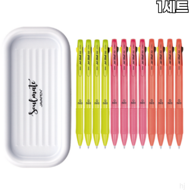 자바펜 제트 3볼 Biz 네오 0.7 유성 흑 + 적 + 0.5 형광 펜 3종 x 4p + 펜트레이 세트, WHITE(트레이)+PEN(옐로우+오렌지+핑크), 30세트
