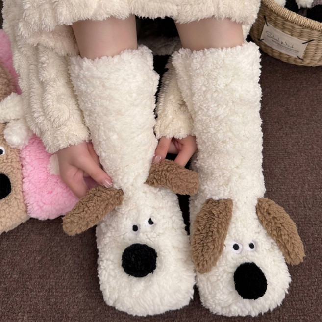 Banjiwu 여성 귀여운 강아지 겨울 수면 양말 수면 양말 임산부 무압박 중목 양말 장목 양말 중목 양말 발열 양말 도톰한 보온 방한 용품 다리 보온기 패션 1족 세트