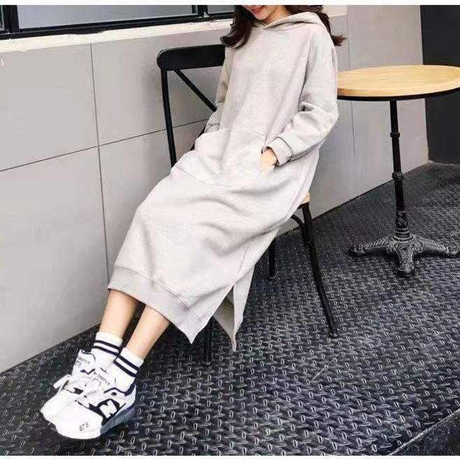 [올씨마] 여성 편안한 꾸안꾸 기모 후드 오버핏 면 롱 원피스 1875