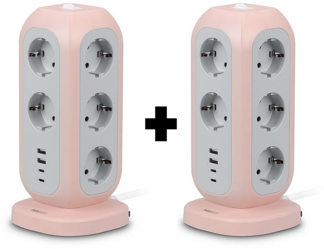 고용량 멀티탭 1+1 타워형 스탠드형 4000W 15구(USB-A타입 USB-C타입 포함), 1세트, 베이비 핑크, 2m