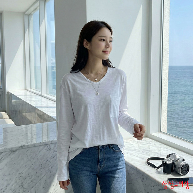 상상그이상 여성용 국내제작 빅포켓 티셔츠 슬라브 면소재 단정한 유넥 긴팔티 언발기장 빅사이즈 베이직 기본티