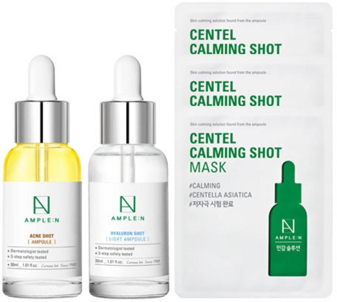 [트러블+속건조 케어] 코리아나 앰플엔 아크네샷 여드름 트러블 앰플 30ml + 히알루론샷 라이트 수부지 속건조 앰플 30ml+센텔카밍샷 진정 마스크팩 3매, 1개