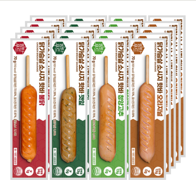 [방탄푸드] 닭가슴살 소시지 핫바 70g 20팩세트(오리지널5+깻잎5+청양고추5+불닭5)