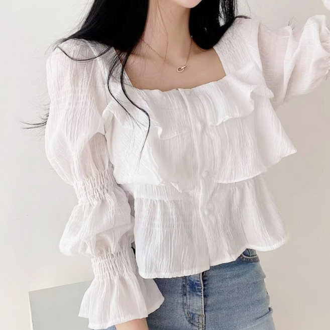 에스알비 여성 스퀘어넥 프릴 셔링 러플 긴팔 블라우스