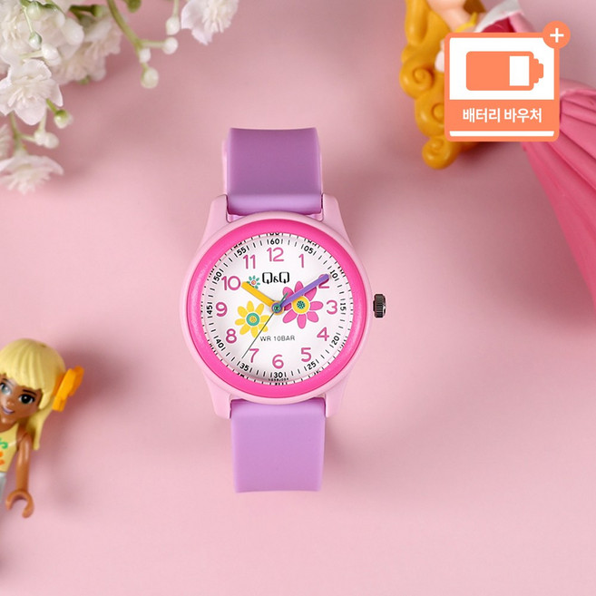 큐앤큐 어린이 아동 방수 캐릭터 캐쥬얼 초등학생 새학기 키즈 아날로그 시계 + 배터리 바우처