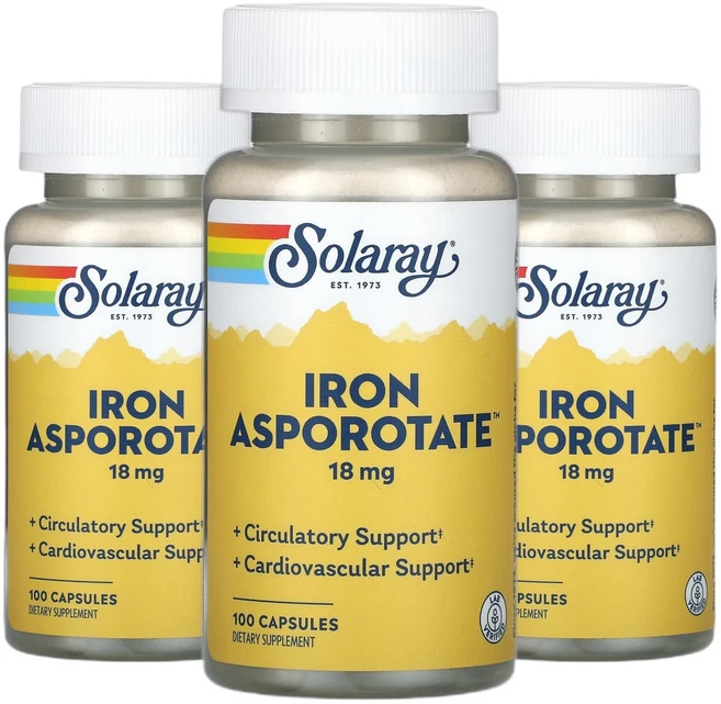 솔라레이 아스포로테이트 철분 iron 18mg 캡슐 100정 2+1, 3개, 100회분 - 쿠팡