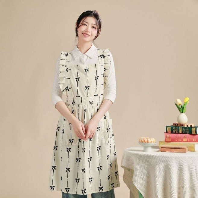 여성 주방용 민소매 앞치마 여성용 공주풍 스몰 플라워 패턴 패션 앞치마 LT, 1개, 아이보리