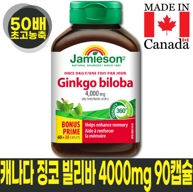 캐나다 50배 농축 징코 빌로바 4000mg 90캡슐, 1개, 90정