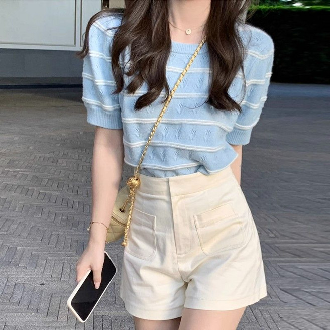 COSYEVNO 스윗걸 줄무늬 반팔 티 니트 상의