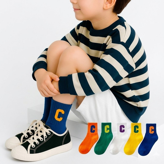 아동용 어린이 레인보우C 중목 양말 5켤레 세트