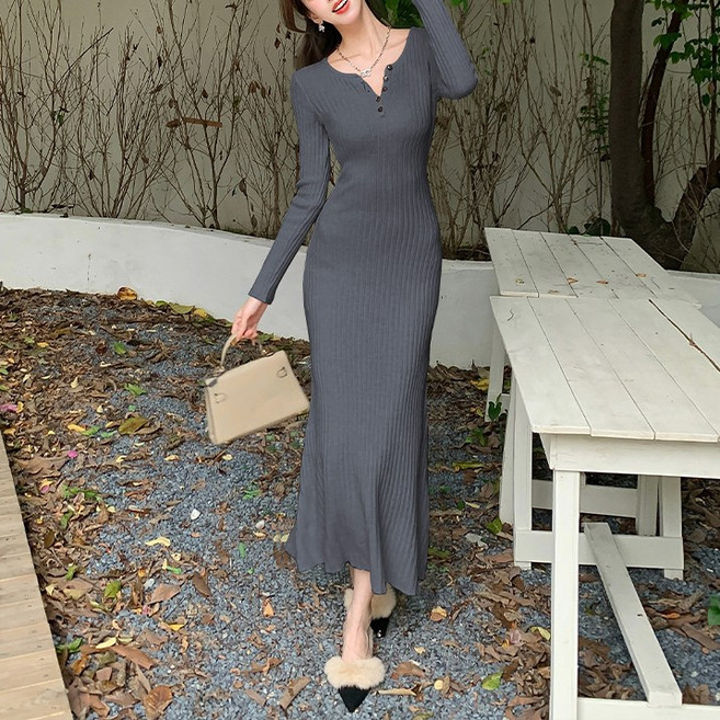 르엠마 페미닌 하객룩 정장룩 캐시 부드러운 패턴 가을 겨울 미디 니트 원피스