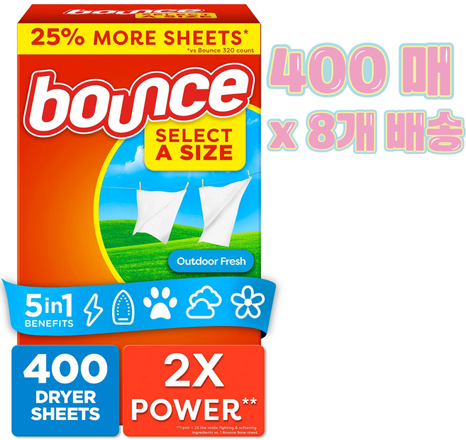 Bounce 바운스 아웃도어 프레쉬 드라이 시트 대용량 Dryer Sheets 미국직배송, 8개