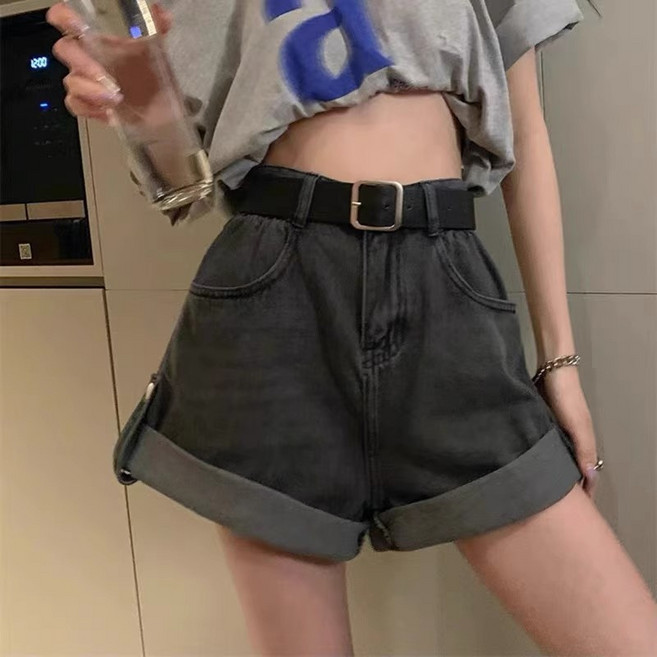 SAHINER 여성 여름 여유핏 A라인 하이웨스트 데님 롤업 핫팬츠 청반바지 ADK02