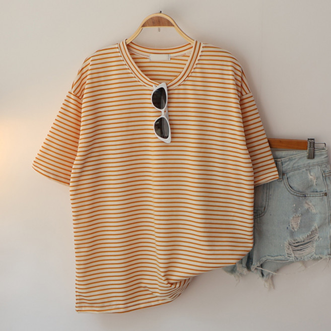 스카이코코 여성 반팔티셔츠 여름 단가라 박스티