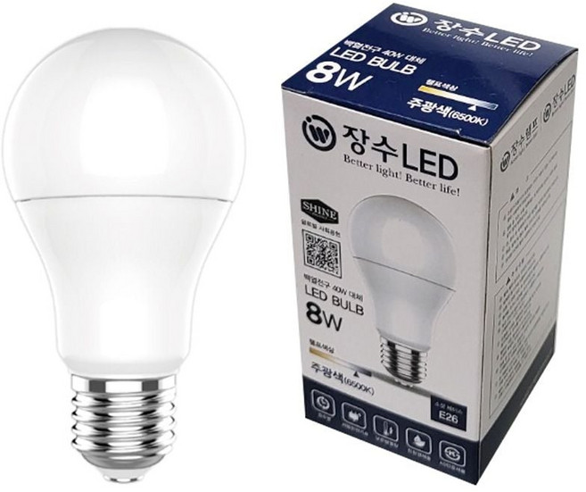 장수램프 LED 벌브 전구 8W 주광색 A19 E26 다마 램프, 1개