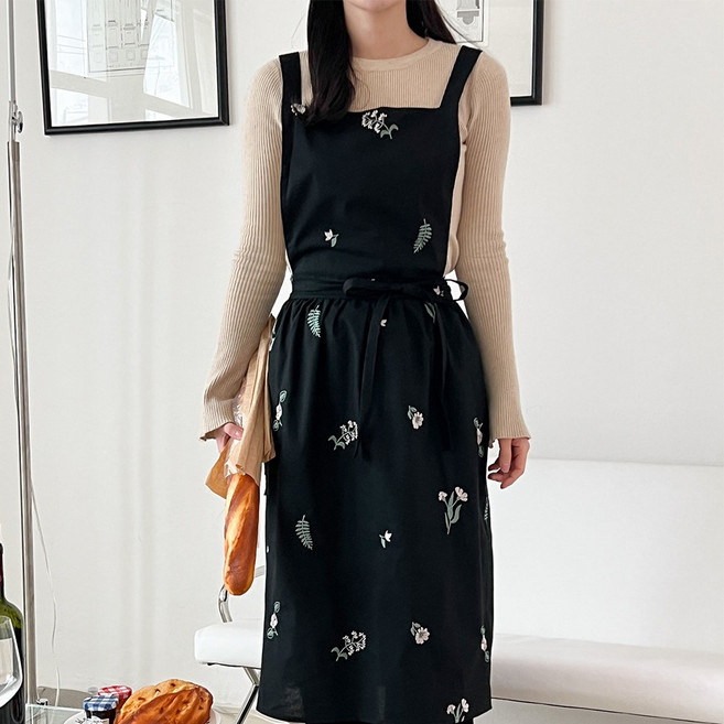 드로우데이즈 프릴 꽃 자수 방수 앞치마, 블랙, 1개