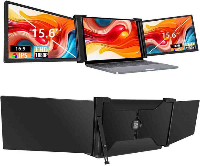 15.6인치 휴대용 3중 스크린 모니터 1920*1080 해상도 노트북 확장 디스플레이 15.6-17.3인치 노트북용 간편한 설치-블랙, 39.1cm, S9