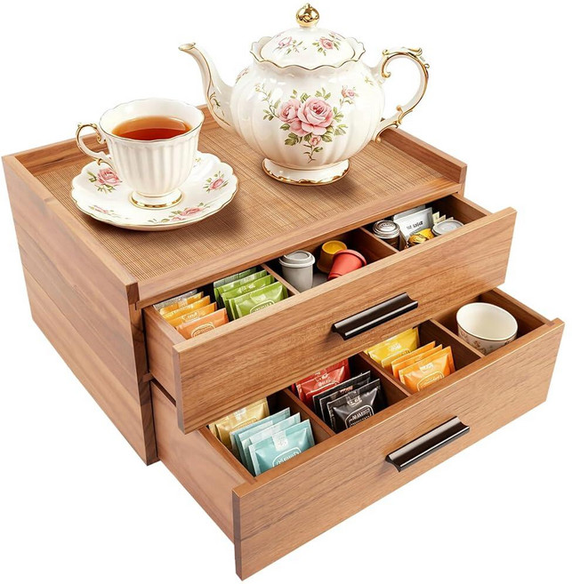 Wood Tea Bag Organizer with Double Drawer 21-compartment Holder Container Boxes for Countertop O, Wood Tea Bag Organizer with Do