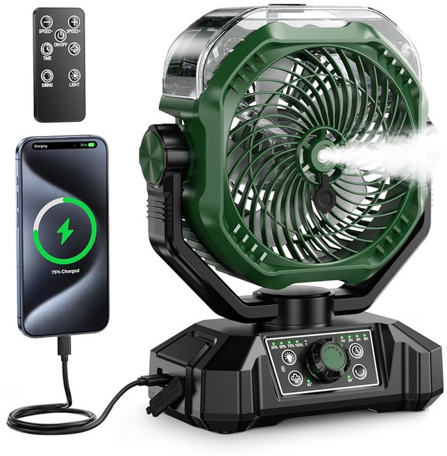 ColdSky 휴대용 미스트 팬 10000mAh 충전식 캠핑 팬 미스트 포함 360mL 물 탱크 9-19시간 작동 시간 듀얼 미스트 모드 LED 조명 캠핑 여행, Green