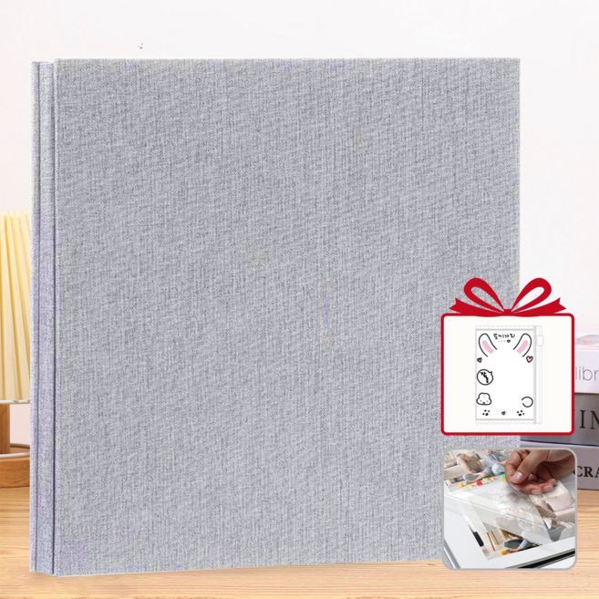 Firina 대용량 접착식 포토앨범 DIY 방수 패브릭 하드커버 사진 보관 앨범, 140, 그레이