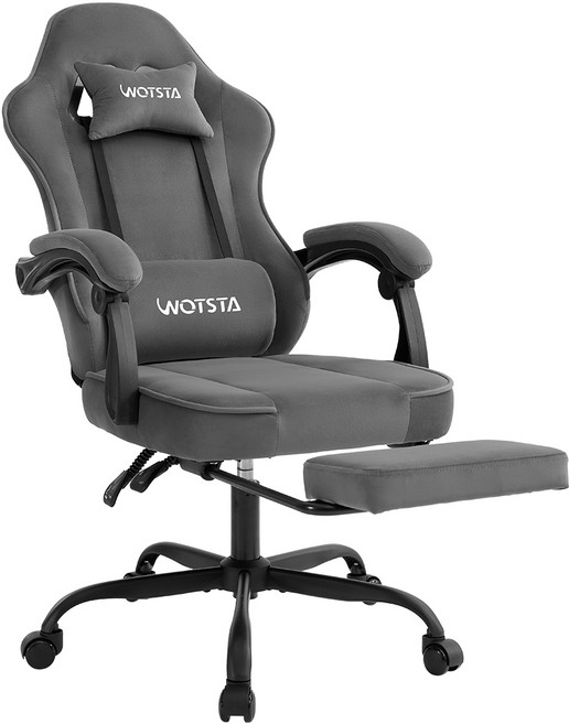 WOTSTA 벨벳 게이밍 의자 플러시 사무용 컴퓨터의자 발받침포함, 그레이
