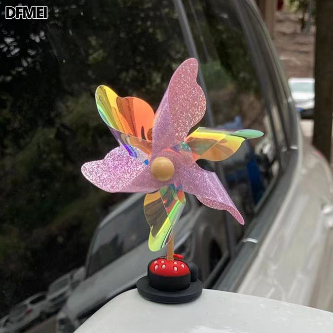 DFMEI 汽車裝飾車載擺件車內飾品可愛風車竹蜻蜓電動車小風車摩托裝飾品, 1個, 風車小擺件-六葉粉色款-1個:如圖