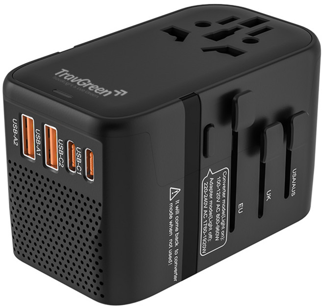 TravGreen 萬國插頭充電變壓器 USB四口快充 PD20W TYPE-C, 1個, 炭黑｜可220轉110V｜送收納盒
