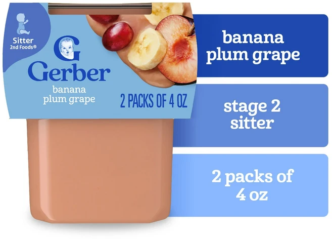 거버 Gerber 2단계 퓨레 아기 간식 컵 이유식, 바나나 자두 포도, 113g, 8개 - 쿠팡