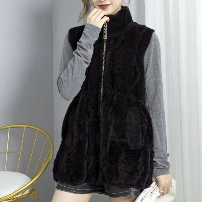 SELEAD 여성 밍크 조끼 루즈핏 하이넥 밍크 인조퍼 지퍼 퍼 조끼