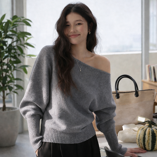 ORVIA 여성 오프숄더 니트티 루즈핏 니트 라운드 스웨터 베이직 긴팔 티셔츠 데일리 상의