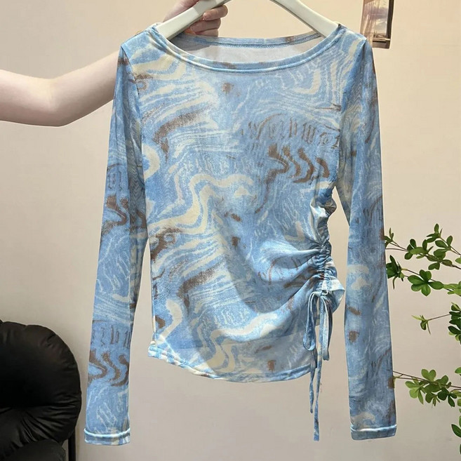 페이준 라틴댄스복 라인댄스복 빈티지 나염 티셔츠 망사 댄스복 바캉스 셔츠 스트링 긴팔 셔츠 긴팔 블라우스 ABE113