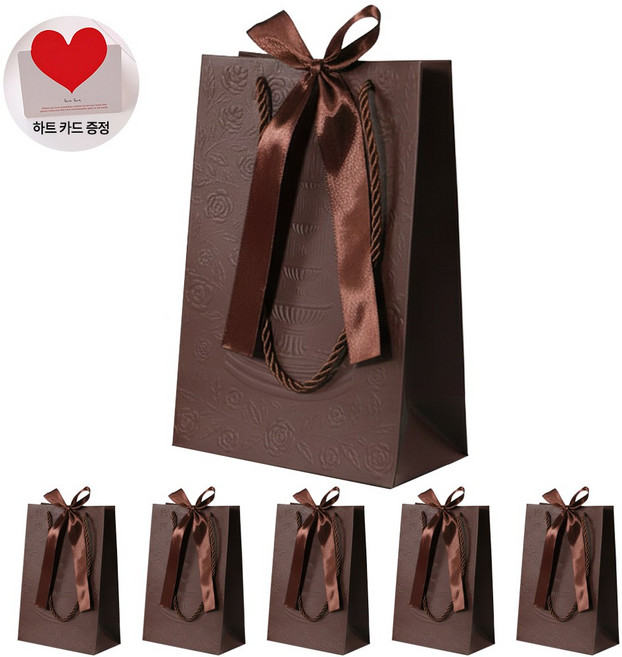 VITALO 프리미엄 로즈 엠보싱 리본 쇼핑백 선물용 고급 세로형 종이가방 (하트카드 6개지급), 6개, 브라운