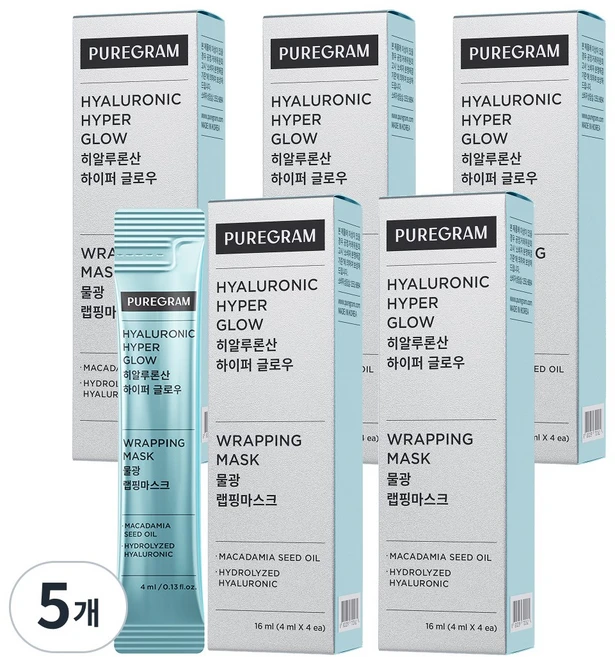 퓨어그램 물광 탄력 랩핑마스크 히알루론산 하이퍼글로우 5BOX, 5개, 4개입 - 쿠팡