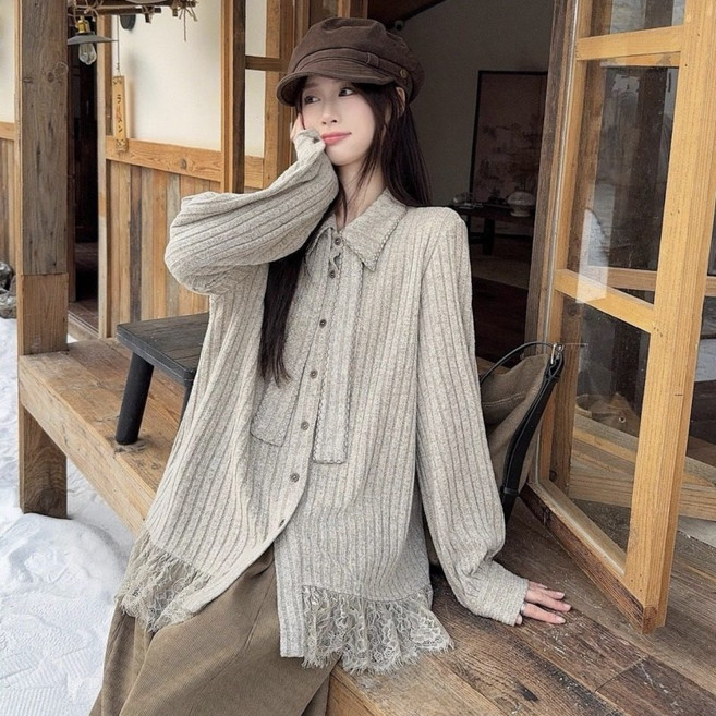 SAHINER 여성 니트 셔츠 리본 넥레이스 헴라인 봄 블라우스 ACS108