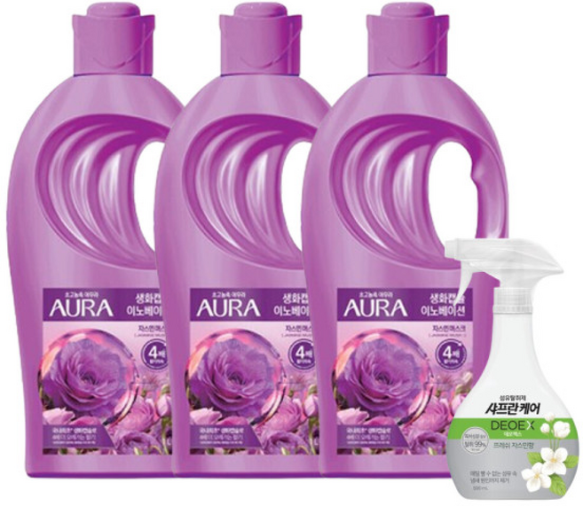 아우라 생화캡슐 섬유유연제 1L 자스민머스크 +샤프란 섬유탈취제 500ML 증정, 3개