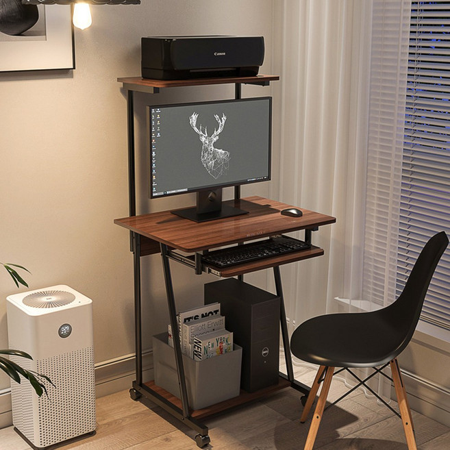 1인용 이동식 컴퓨터책상 미니 책상 작은 사무용책상+칸막이+키보드거치대, 브라운