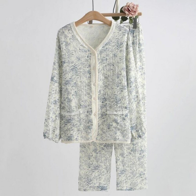 지아트리 (Jiatree)부드러운 순면거즈잠옷 뜨왈 플라워 간절기잠옷 고급파자마 긴팔홈웨어