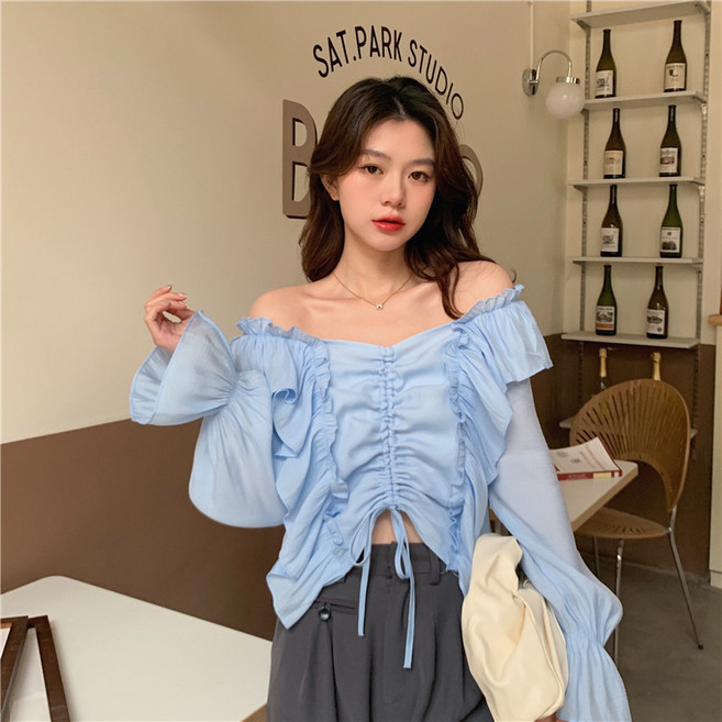 Sevalo 2024 초봄 여성 일자핏 블루 셔츠 쇼트 스트링 여성복 상의 우드 귀선 퍼프 언밸런스 셔링