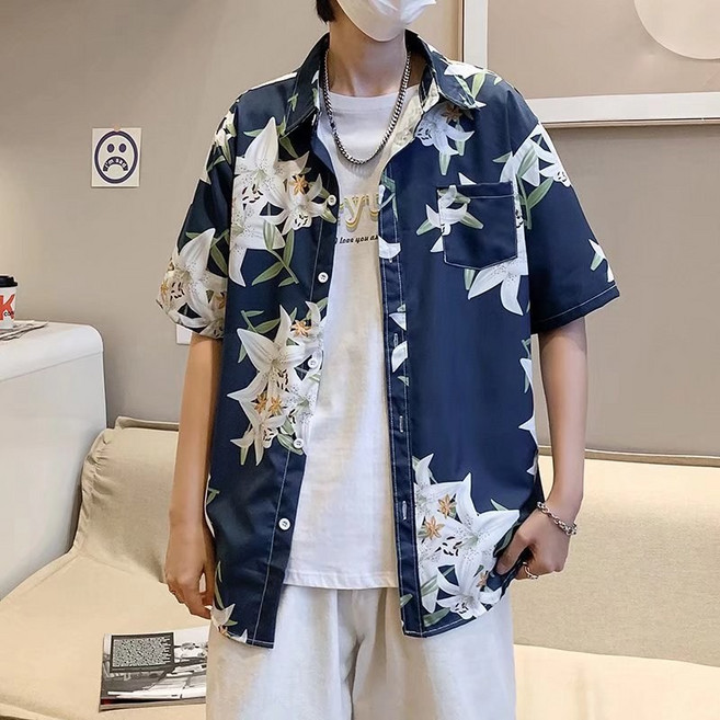 情侶襯衫 大尺碼花襯衫 夏威夷風海灘薄款碎花短袖開衫 韓版日系慵懶港風男女襯衣
