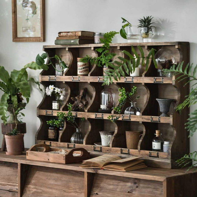 원목 찬장 다기장 진열장 컵 인테리어 커피잔 엔틱 찻 우드 오래된 삼나무 선반 9칸, 15칸 수납장