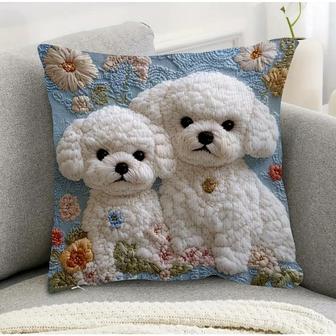 비숑 강아지 쿠션커버 하늘색 45x45cm 2D 평면 인쇄 자수 느낌 솜 별도