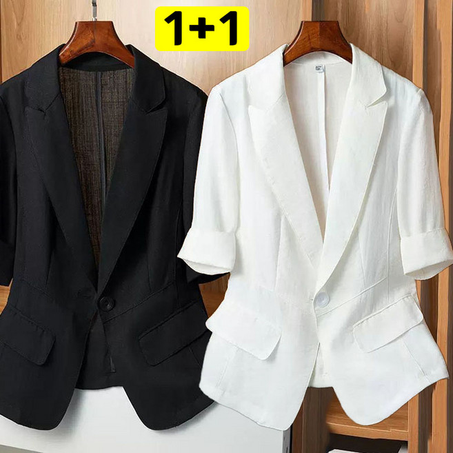 JUSTFEELING 1+1 슬림핏 면마코트 7부소매 데일리 순색 블레이저 여성의류 날씬해보이는 린넨 정장 코트 재킷