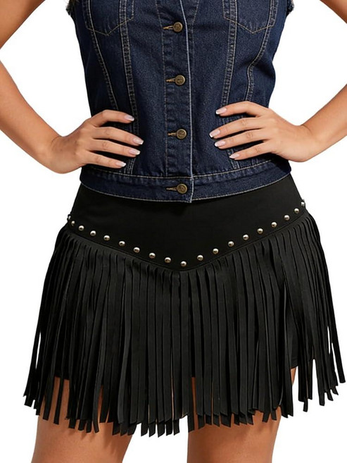 Western Cowgirl Fringe Skirt for Women High Waisted Suede Tassel Skirt Country Concert Rave Festiv, Large, 01black With Rivet