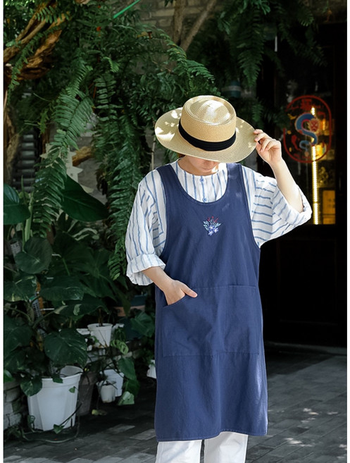 YUYIMI 자수 가벼운 앞치마 빈티지 심플 앞치마, 1개, 블루