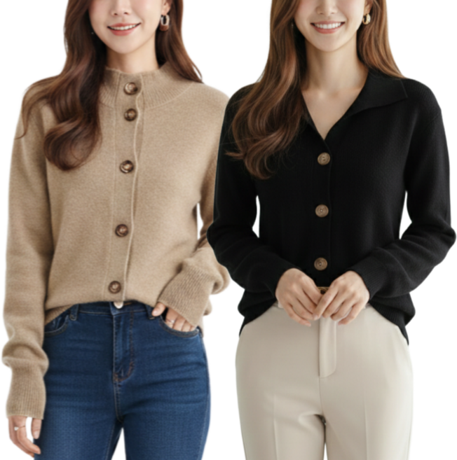 모이디 여성 간절기 투웨이 버튼 카라 하이넥 베이직 니트 2종세트