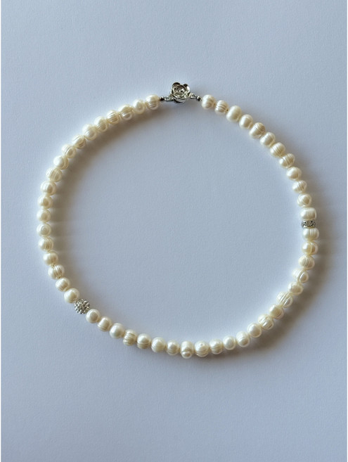 멜로우 천연 담수 8mm 왕 진주목걸이 스와로브스키 스톤볼 & 링