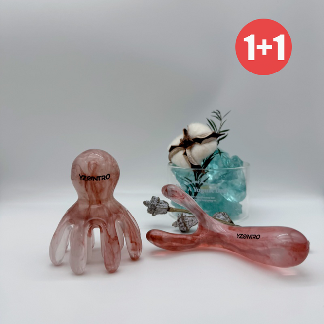 Yzontro Plus문어머리 마사지기+코빗괄사 미간 지압 두피 스크래핑, 호박색, 1세트