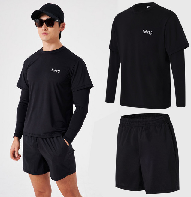 남자 레이어드 긴팔 래쉬가드 상의 + 5부 보드숏 반바지 세트